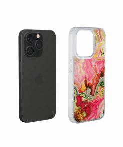 Clear phone case extend view; Neon Pink 1 pattern, artistic, abstract marble pattern. Pink and green color combination.