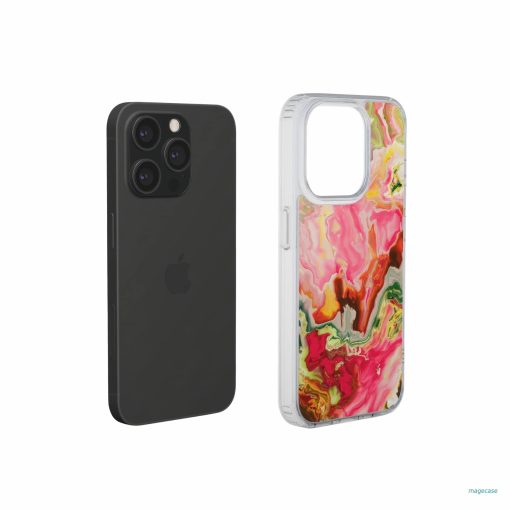 Clear phone case extend view; Neon Pink 1 pattern, artistic, abstract marble pattern. Pink and green color combination.