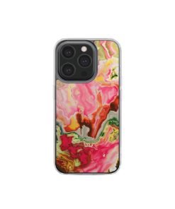 Clear phone case front view; Neon Pink 1 pattern, artistic, abstract marble pattern. Pink and green color combination. Bold expressive aesthetic design. Colorful and interior fit. Elegant.