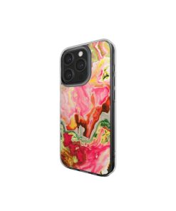 Clear phone case side view; Neon Pink 1 pattern, artistic, abstract marble pattern. Pink and green color combination.