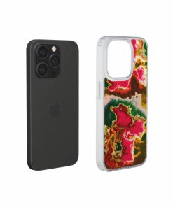 Clear phone case extend view; Neon Pink 2 pattern, artistic, abstract marble pattern. Pink and green color combination.