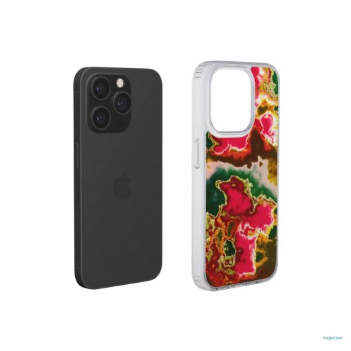 Clear phone case extend view; Neon Pink 2 pattern, artistic, abstract marble pattern. Pink and green color combination.
