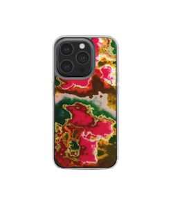 Clear phone case front view; Neon Pink 2 pattern, artistic, abstract marble pattern. Pink and green color combination. Bold expressive aesthetic design. Colorful and interior fit. Elegant.