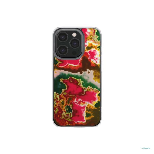Clear phone case front view; Neon Pink 2 pattern, artistic, abstract marble pattern. Pink and green color combination. Bold expressive aesthetic design. Colorful and interior fit. Elegant.