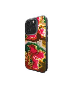 Clear phone case side view; Neon Pink 2 pattern, artistic, abstract marble pattern. Pink and green color combination.